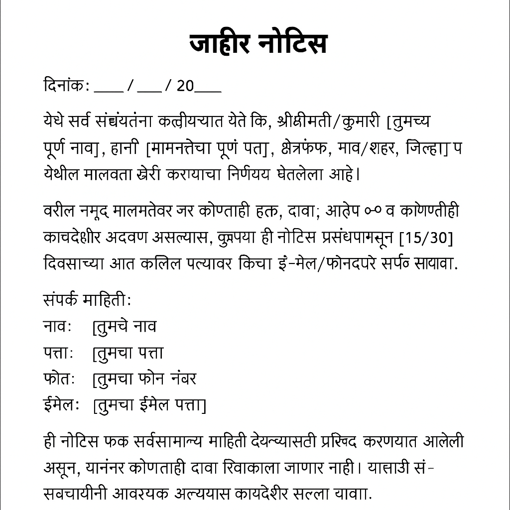 Paper notice for property purchase in marathi
