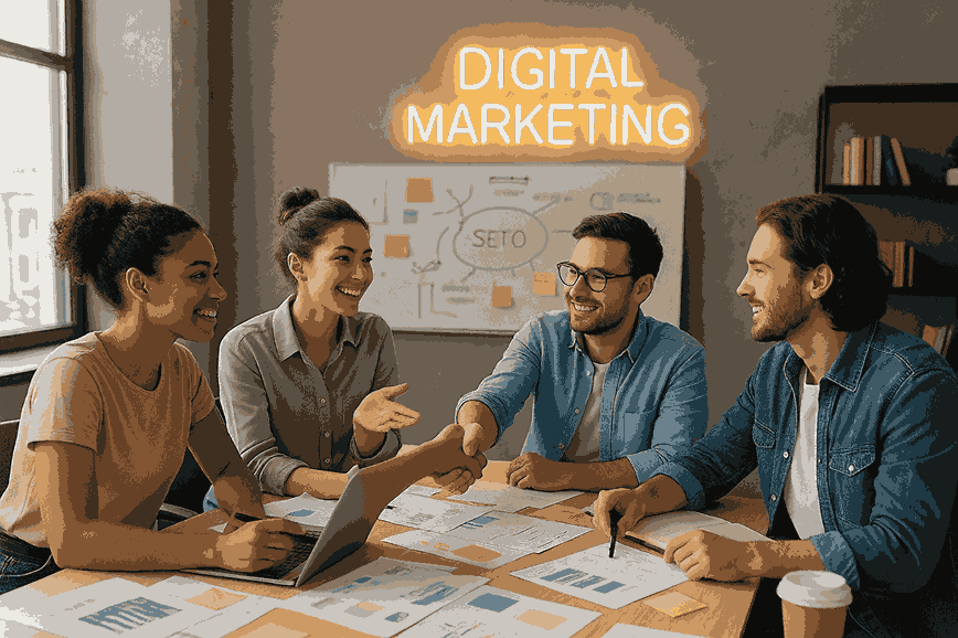 A group of digital marketers brainstorming together in a modern office, discussing strategies with charts, laptops, sticky notes, and a glowing digital marketing sign in the background.