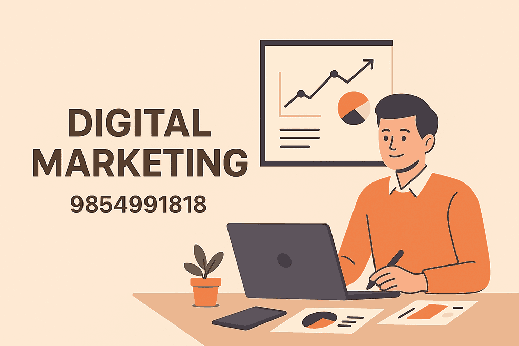 “Modern digital marketing blog cover illustration featuring a smiling marketer working at a clean workspace with beige, orange, black, and white color palette.”