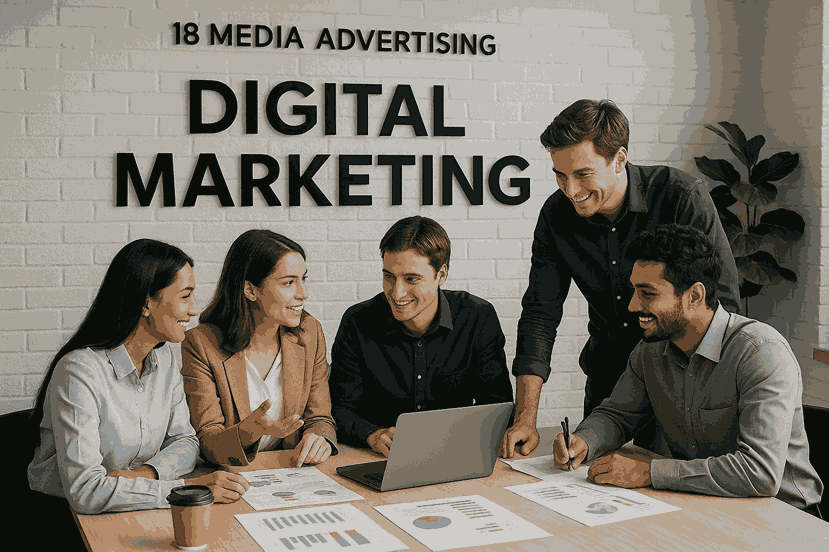 Digital marketing team brainstorming together inside the 18 Media Advertising office.