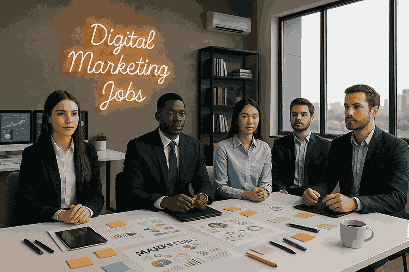 A group of candidates seated at a white desk in a modern creative office waiting area with marketing papers, devices, and a neon sign reading “Digital Marketing Jobs.”