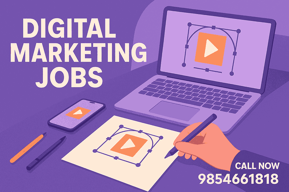 Purple vector illustration promoting Digital Marketing Jobs with a workspace showing a laptop, smartphone, designer’s hand sketching a logo, and bold text.