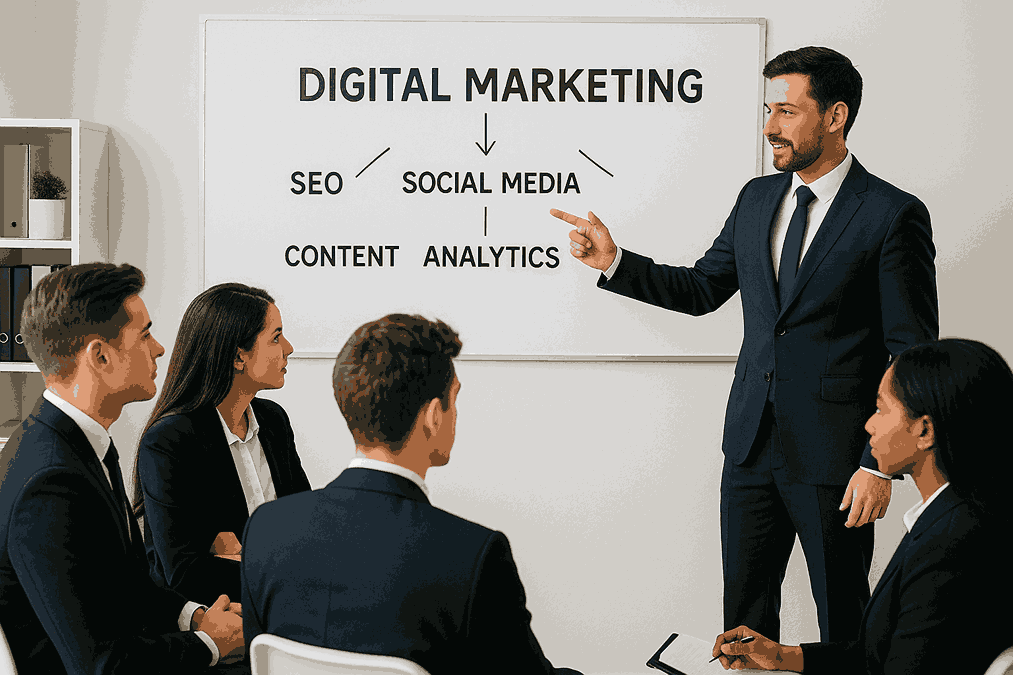 A digital marketing manager training a group of interns in an office, standing near a whiteboard with digital marketing topics written on it.