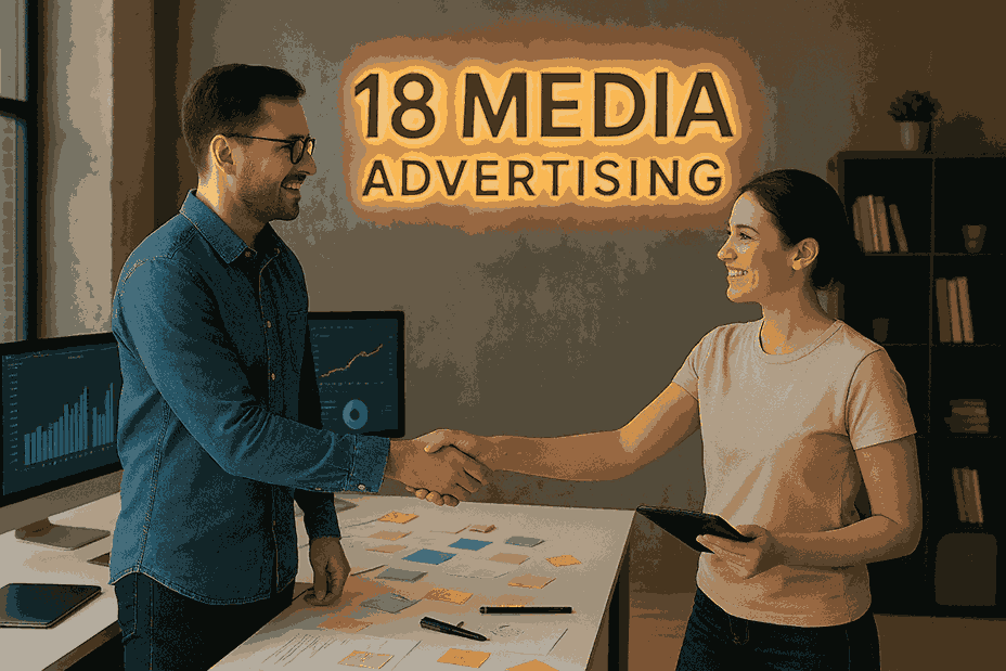 A happy customer shaking hands with a digital marketing agency employee inside the 18 Media Advertising office, with analytics screens and a glowing office sign in the background.