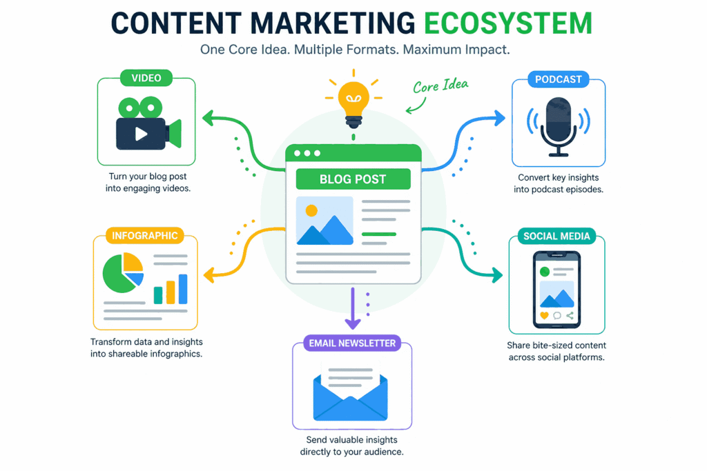 Content marketing ecosystem diagram showing blog post connected to video, podcast, infographic, social media, and email channels
