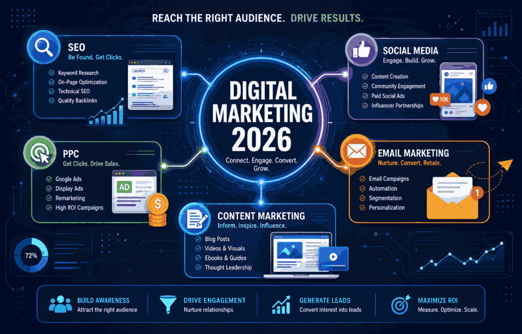 Illustration of what is digital marketing channels in 2026 including SEO, social media, email marketing, PPC, and content marketing connected in a modern infographic