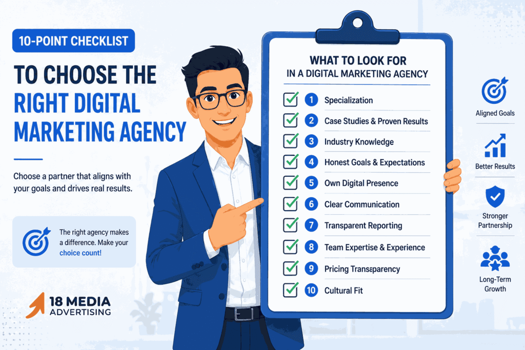 Business owner holding checklist with 10 criteria for choosing a digital marketing agency including specialization, case studies, communication, and pricing transparency