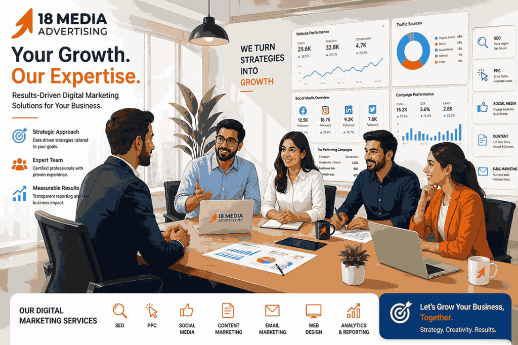 Business owner meeting with digital marketing agency team discussing strategy with analytics dashboards and social media metrics on screens
