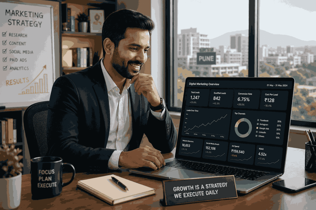 Indian business owner reviewing successful digital marketing campaign results on laptop with growth graphs and analytics dashboard in modern office