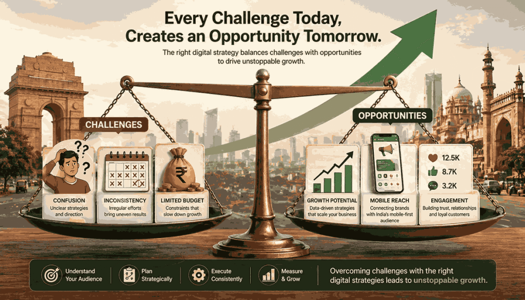 Digital marketing challenges vs opportunities illustration with growth chart, mobile engagement, and Indian business background