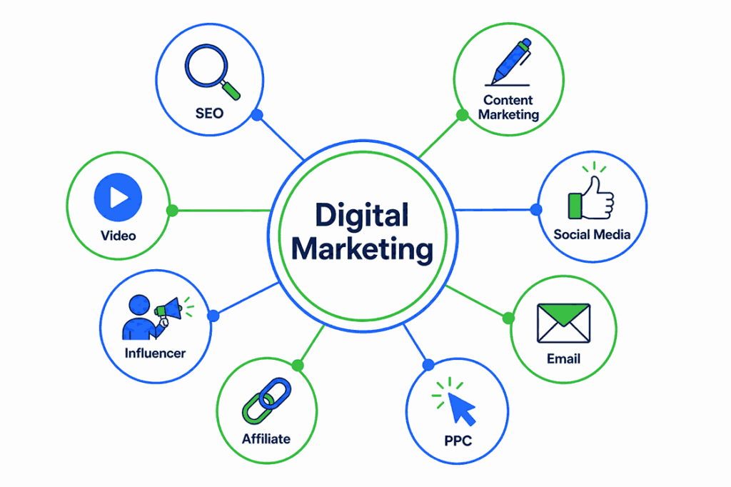 Landscape digital marketing infographic showing SEO, content marketing, social media, email, PPC, affiliate, influencer, and video around central hub