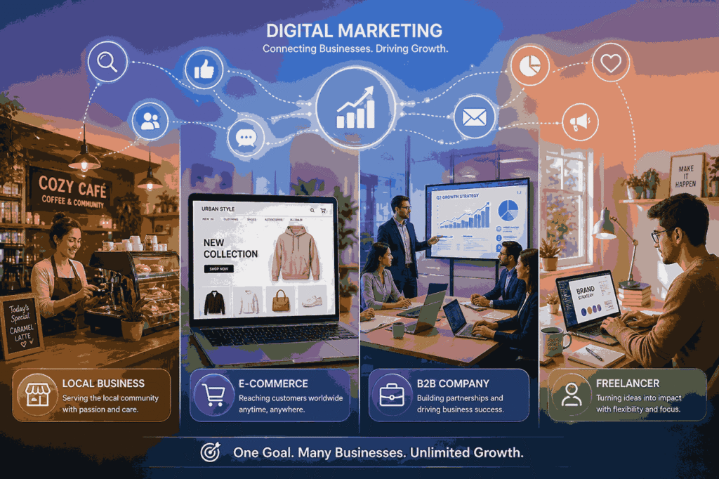 Split-panel illustration showing local café, e-commerce store, B2B office team, and freelancer connected by digital marketing icons and analytics