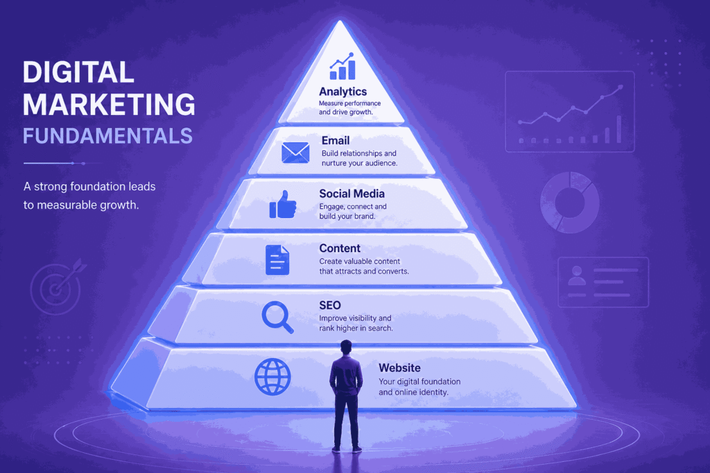 Person standing before a digital marketing pyramid showing website, SEO, content, social media, email, and analytics fundamentals of digital Marketing