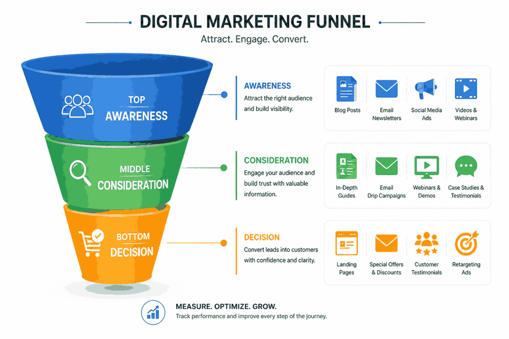 Digital marketing funnel infographic showing awareness, consideration, and decision stages with icons for blogs, emails, ads, and testimonials