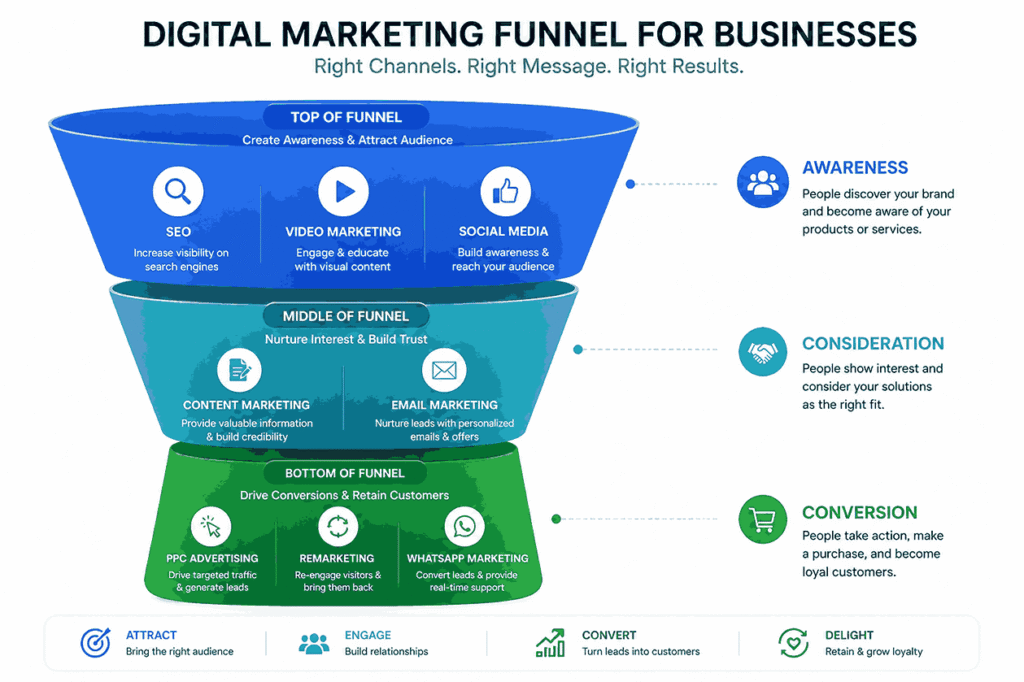 Digital marketing funnel for businesses showing SEO, video, social media at top, content and email in middle, and PPC, remarketing, WhatsApp at bottom