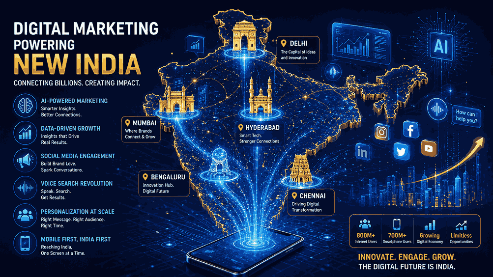 Futuristic India map with AI, data streams, social media icons, and digital marketing technologies emerging from major cities like Mumbai, Delhi, Bengaluru, Chennai, and Hyderabad