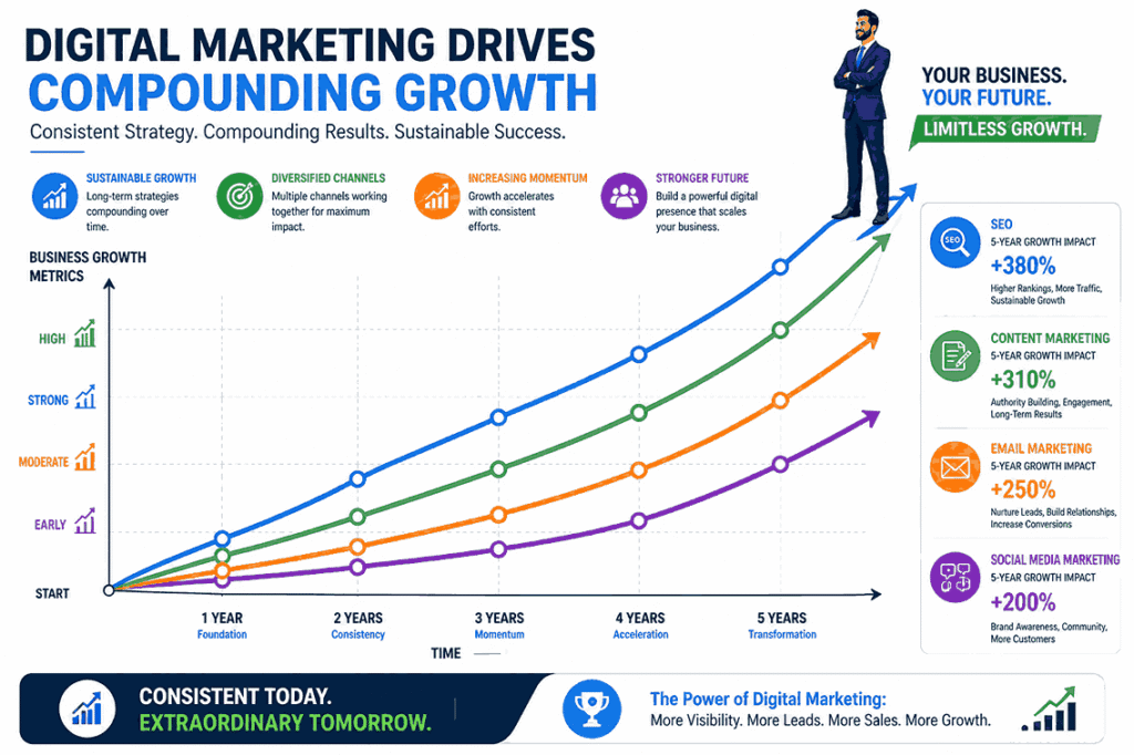 Upward trending business growth chart showing SEO, content marketing, email marketing, and social media lines increasing over 5 years