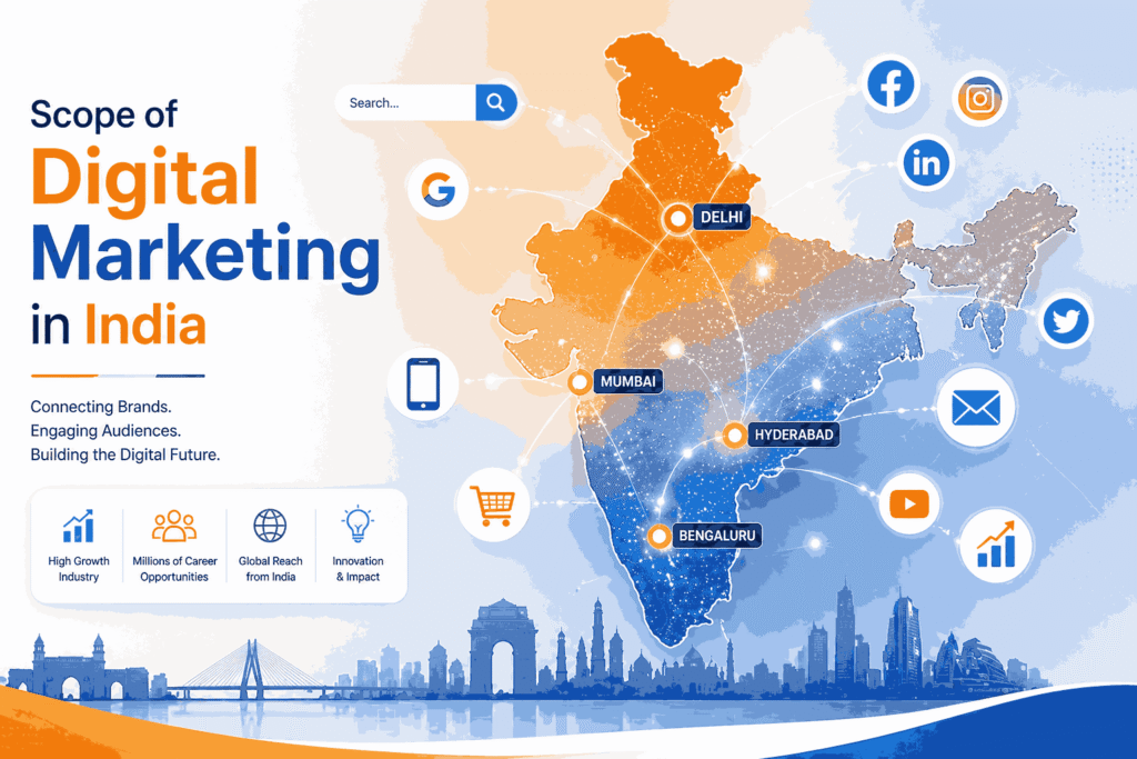 India map with Scope of digital marketing in India icons radiating from Mumbai, Delhi, Bengaluru, and Hyderabad showing SEO, social media, email, and e-commerce