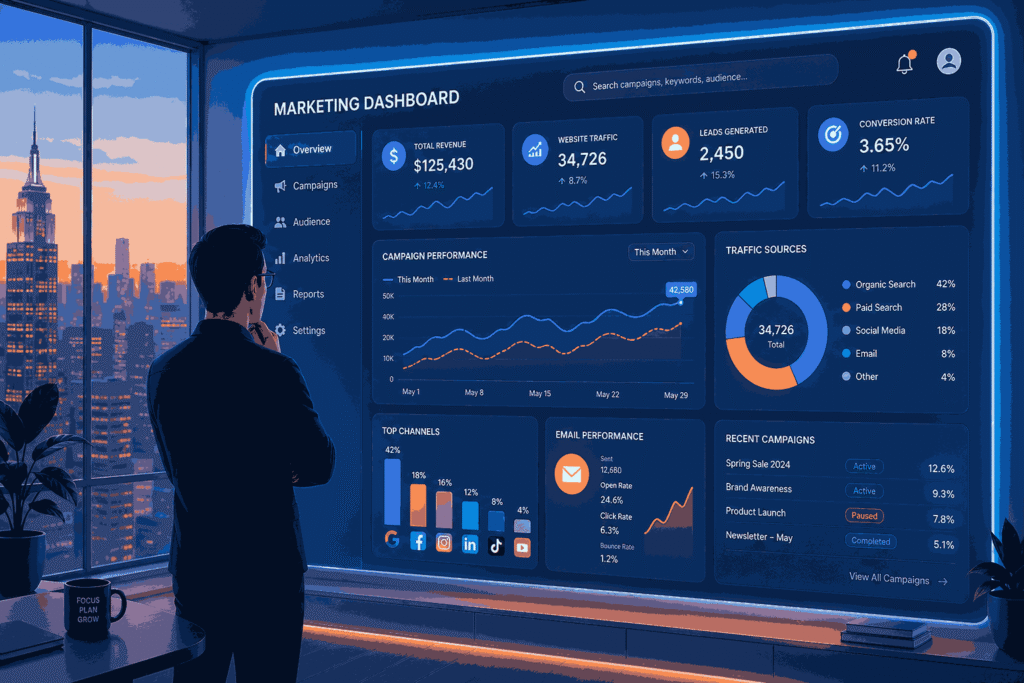 Person analyzing the digital marketing meaning in dashboard with graphs, social media icons, and email metrics on a glowing screen in a modern office cityscape