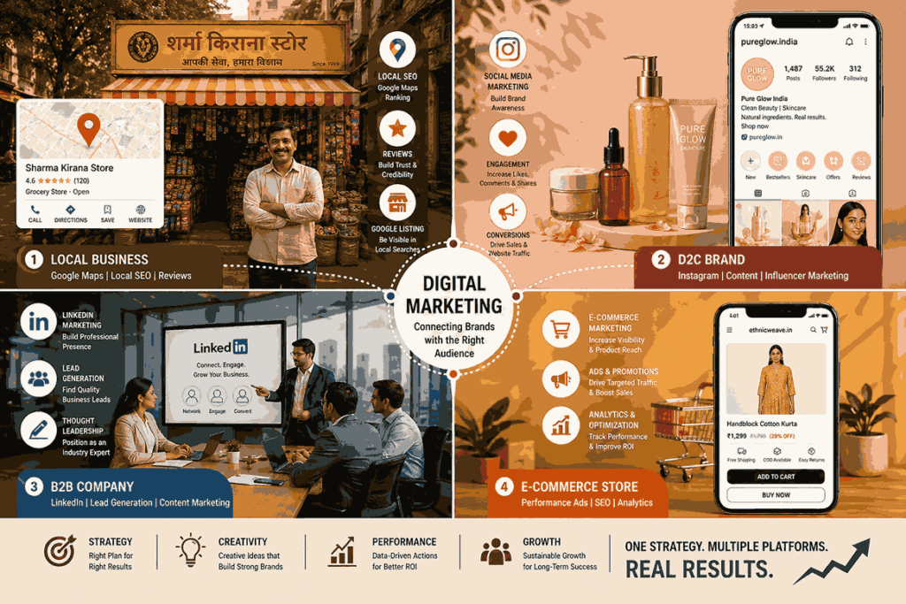 Digital marketing platforms in India showing local business, D2C brand, B2B marketing and ecommerce strategies in one infographic