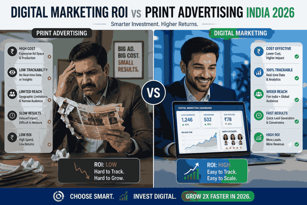 Digital marketing ROI vs print advertising in India 2026 comparison showing business owner with newspaper frustrated and another using laptop with rising analytics and leads