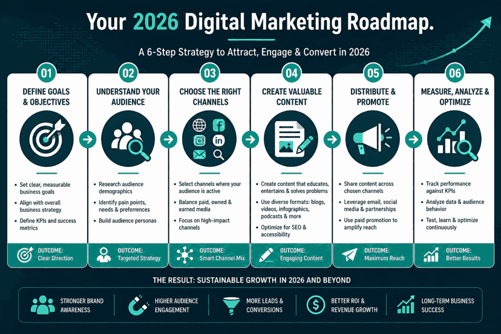 Digital marketing strategy flowchart showing goals, audience, channels, content, distribution, and optimisation steps for 2026