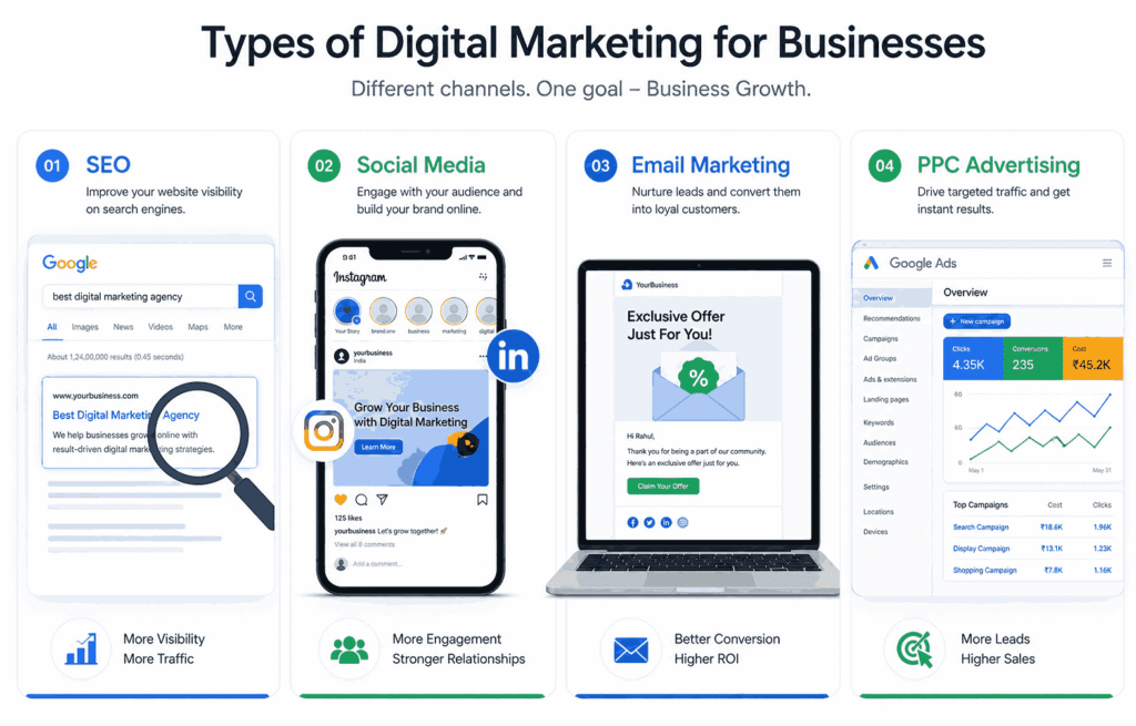 Split panel showing SEO search results, social media apps, email marketing on laptop, and PPC advertising dashboard in a clean modern design