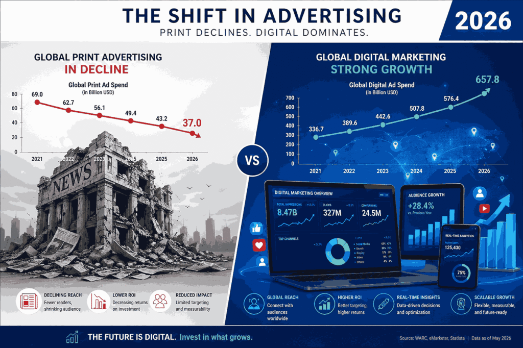 Infographic showing global print advertising decline versus digital marketing growth in 2026 with downward print trends and rising digital metrics dashboard