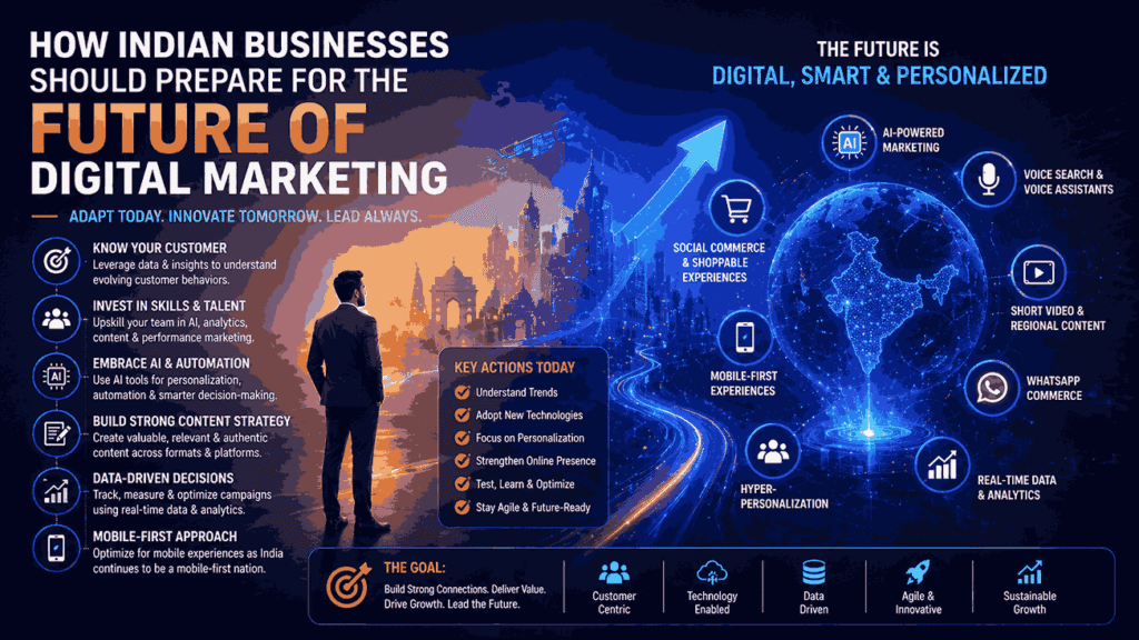 Futuristic illustration showing how Indian businesses can prepare for digital marketing with AI, analytics, mobile-first strategies, and personalization