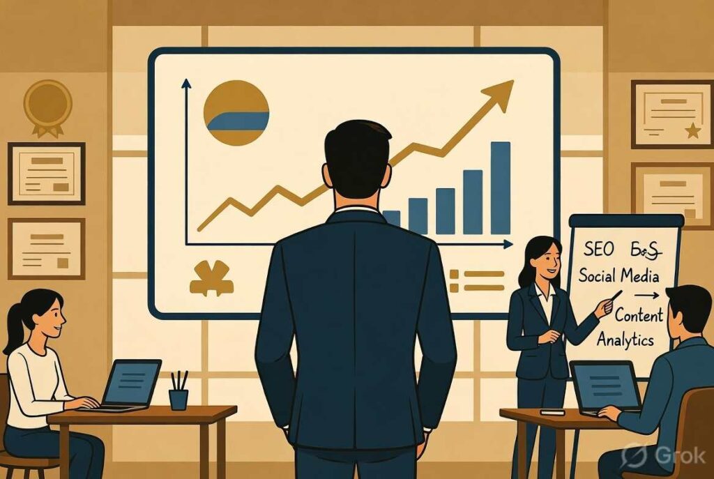 Successful business owner reviewing upward trending growth charts with digital marketing agency team in modern office