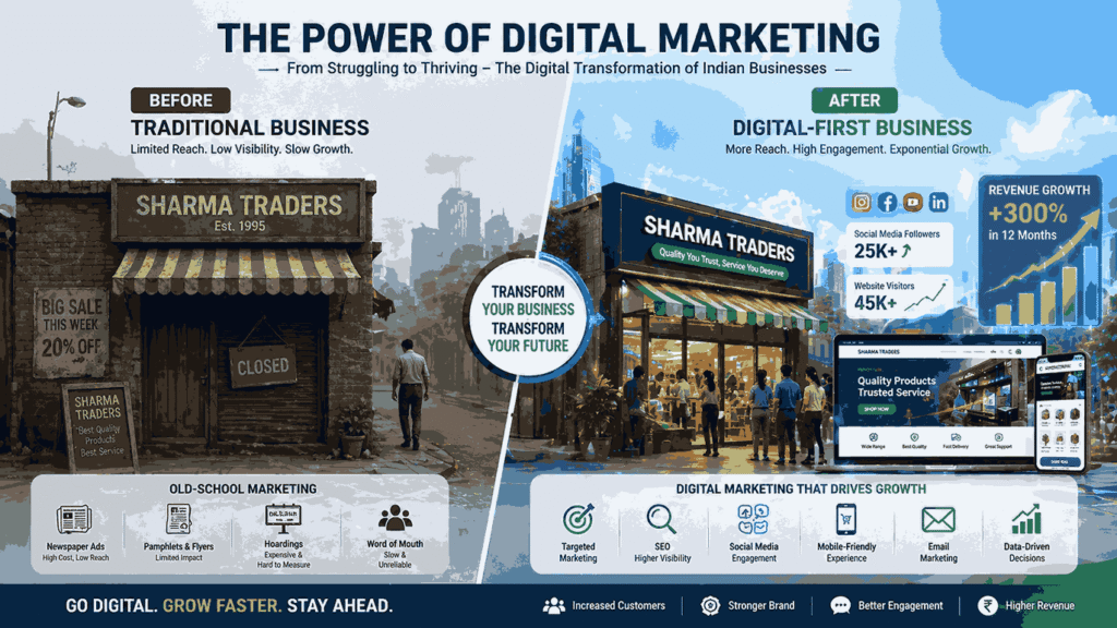 Split screen showing traditional business with low foot traffic vs digitally transformed business with website, social media growth, and rising revenue graph