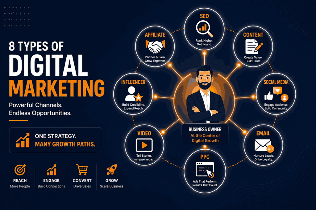 Business owner surrounded by eight types of digital marketing including SEO, content, social media, email, PPC, video, influencer, and affiliate on dark background