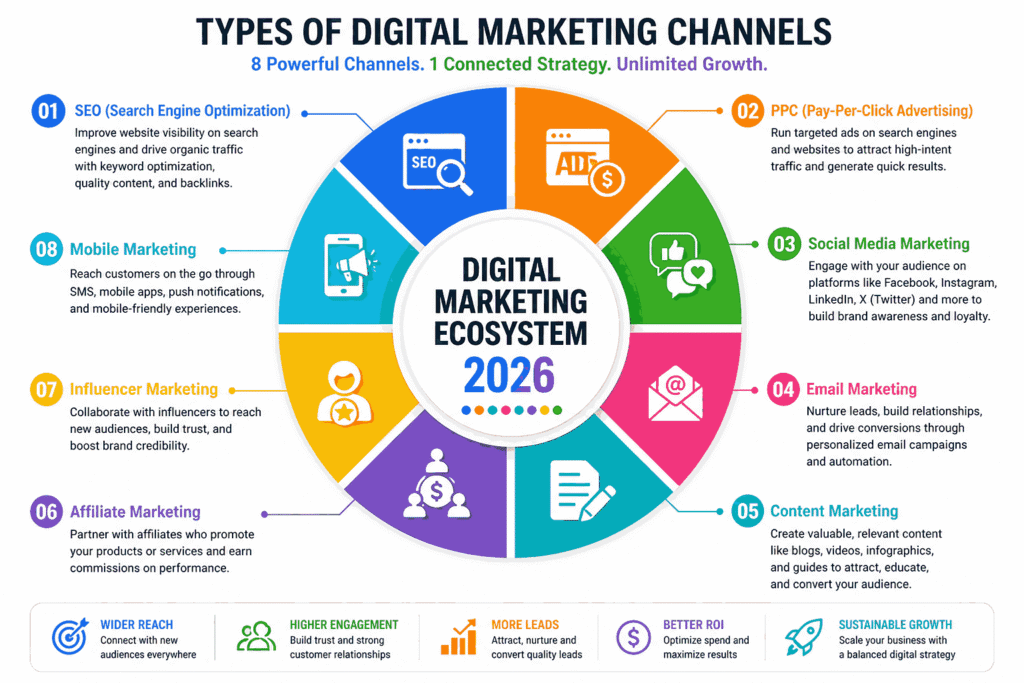 Pie chart infographic showing types of digital marketing channels in 2026 including SEO, PPC, social media, email, content, affiliate, influencer, and mobile marketing