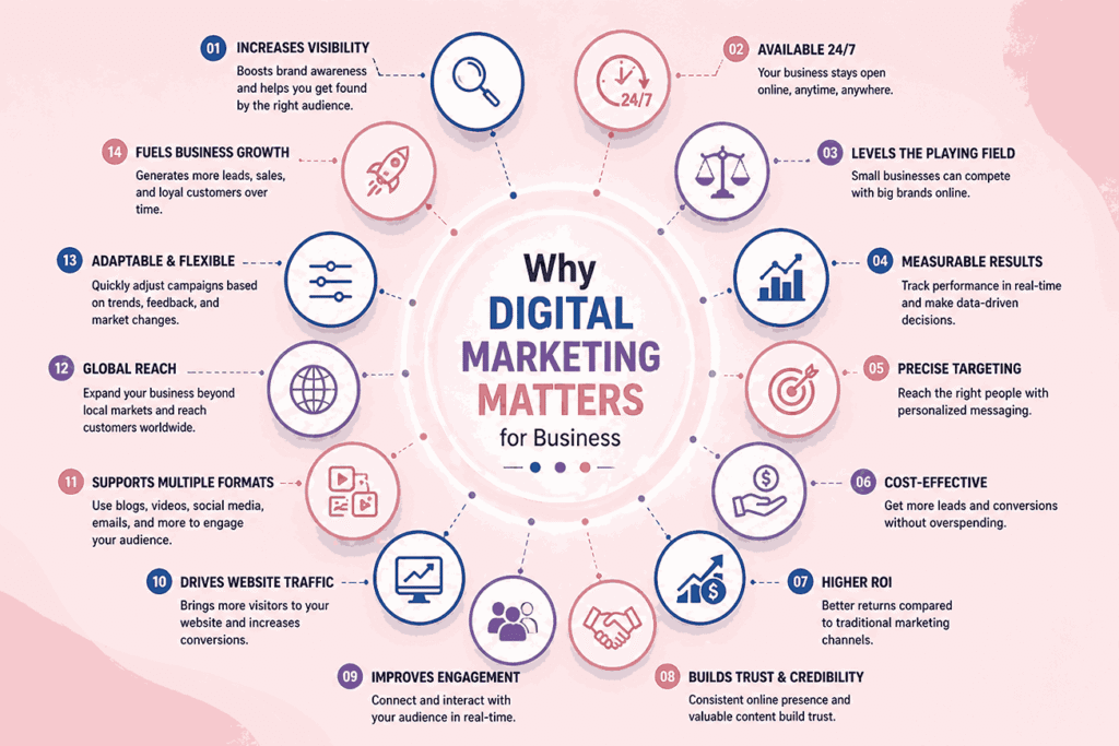 Circular infographic showing 14 reasons why digital marketing matters for business including visibility, 24/7 availability, targeting, ROI, and analytics