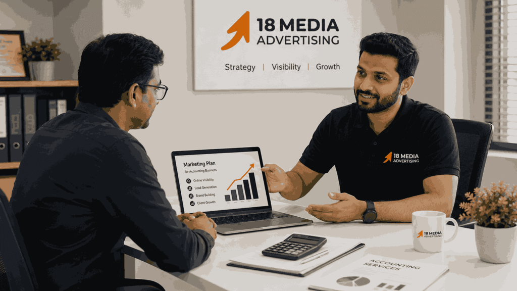 18 Media Advertising consultant discussing a marketing strategy with an accounting business owner in a modern Pune office