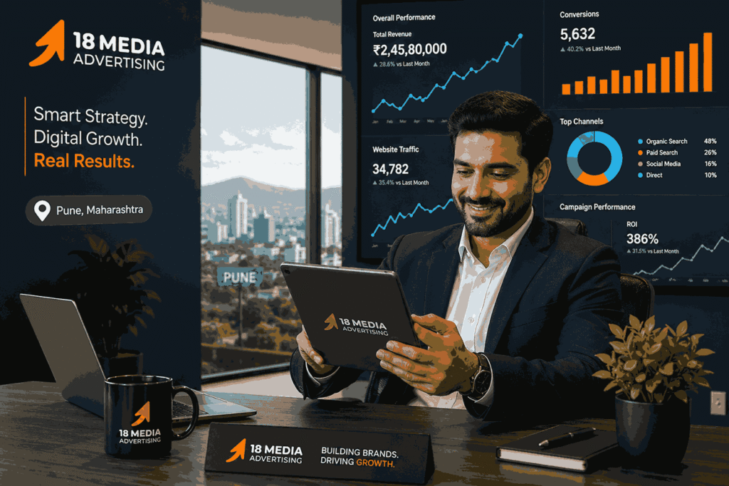 Business owner in Pune reviewing digital marketing analytics on a tablet with growth charts and 18 Media Advertising branding in the background.