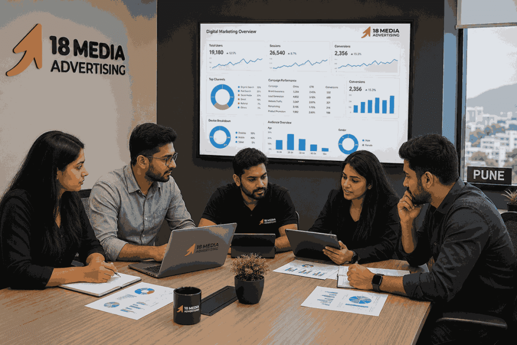 Professional digital marketing team at 18 Media Advertising in Pune reviewing campaign analytics and performance reports during a strategy meeting in a modern office.