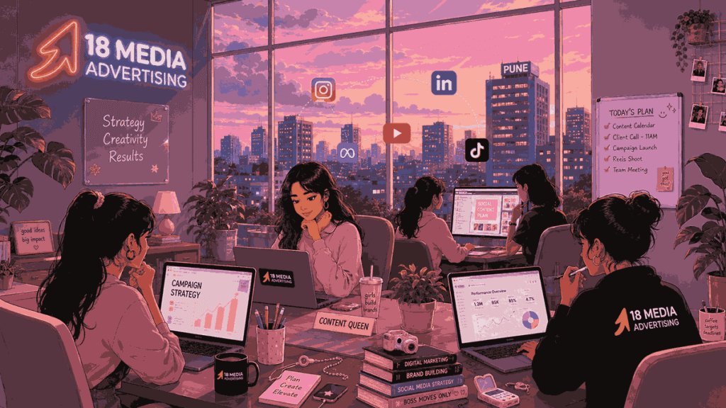 digital marketing agency in pune india illustration of the 18 Media Advertising digital marketing team working in a modern Pune office with social media icons and city skyline background.