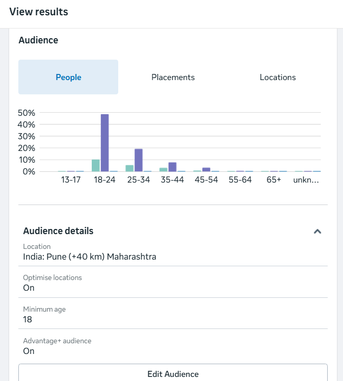Meta Ads audience insights showing age demographics and targeting settings for Instagram campaign in Pune Maharashtra