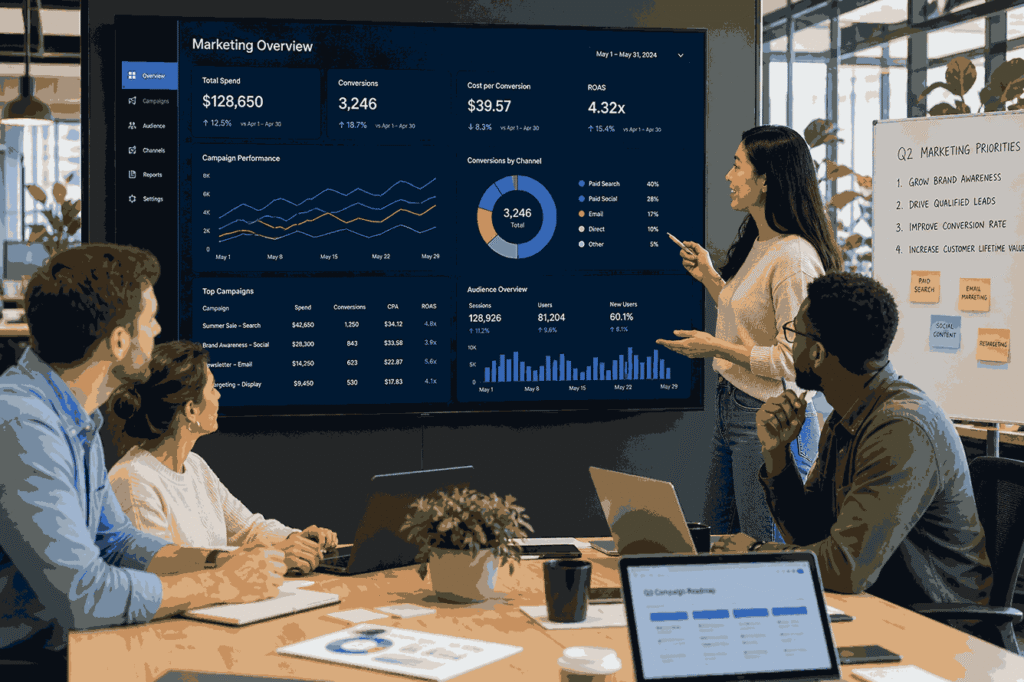 Best Digital Marketing Agency collaborating in a bright office around a large screen displaying digital analytics dashboards and campaign metrics