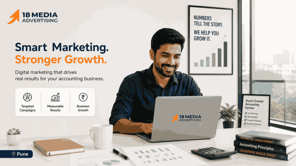 Young Indian accounting business owner in Pune reviewing digital marketing analytics on a laptop with growth charts, powered by 18 Media Advertising.