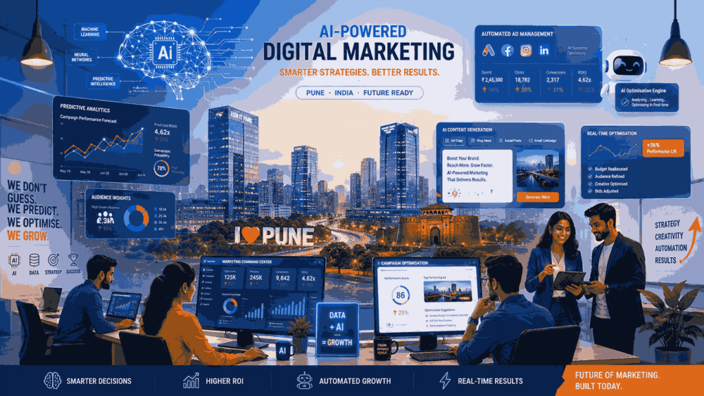 best ai digital marketing agency team working in a futuristic Pune business district office with analytics dashboards, automation tools, and predictive marketing interfaces.
