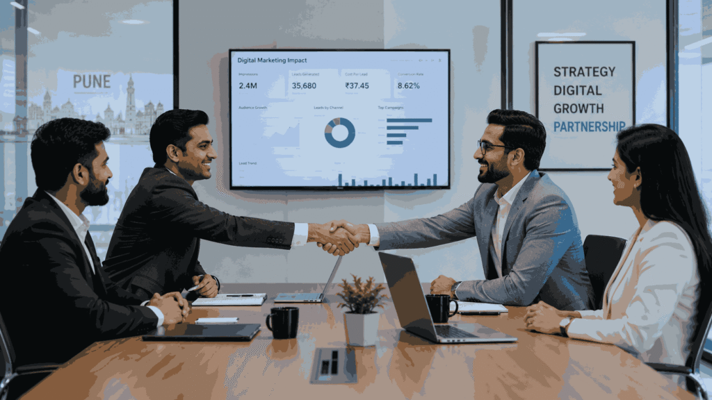 Professional B2B business meeting in a modern Pune office with two teams shaking hands, laptops and digital marketing dashboards visible, symbolising a successful business partnership.