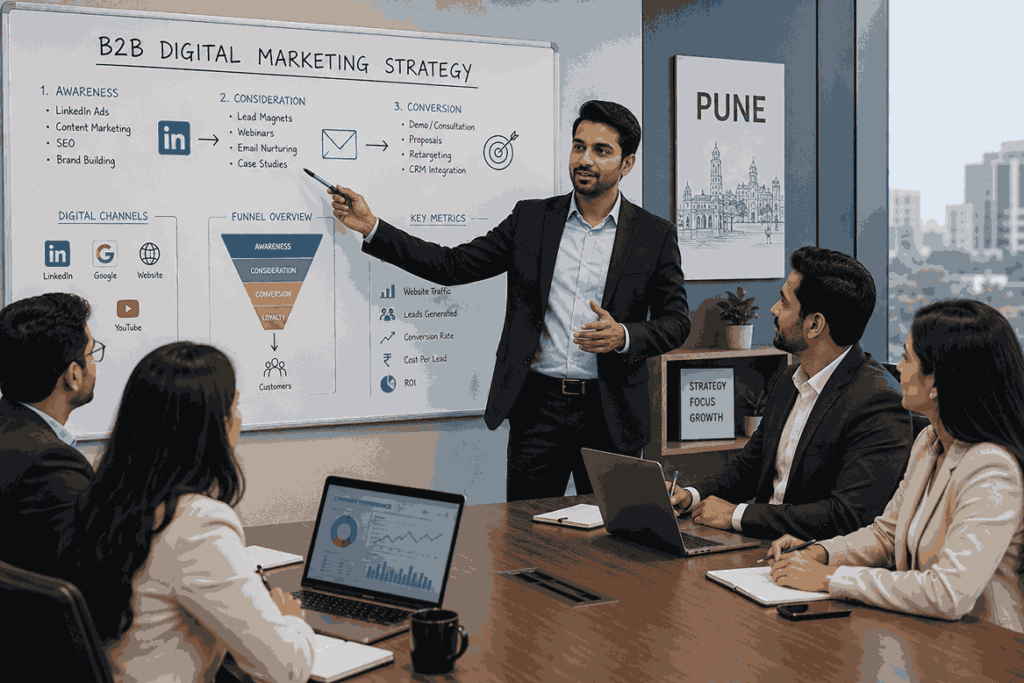 Pune business professional presenting a B2B digital marketing strategy to a corporate team in a modern boardroom with charts, analytics, and digital marketing icons on a whiteboard.