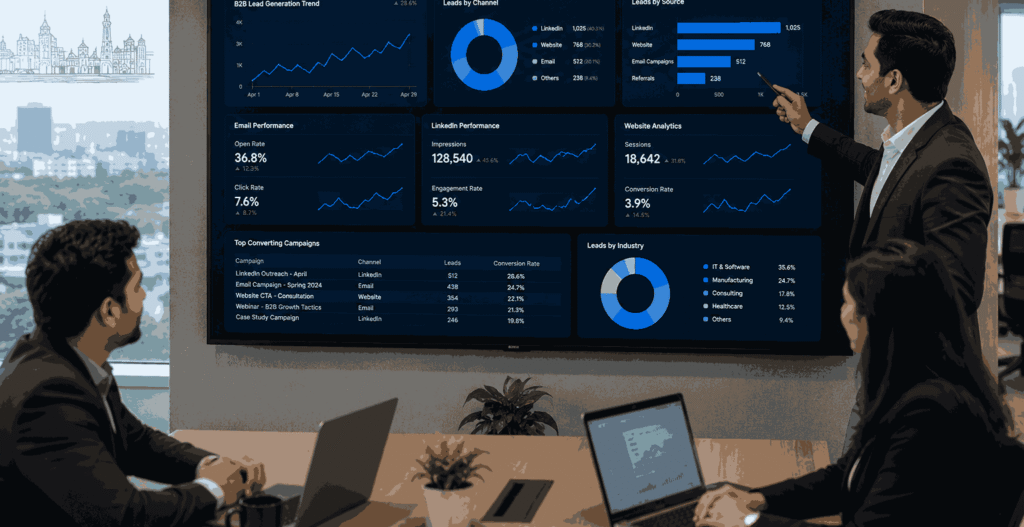 Modern B2B lead generation analytics dashboard, b2b digital marketing agency in pune office showing growth charts, LinkedIn impressions, email open rates, and website traffic metrics.