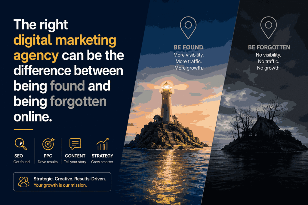 Creative digital top 10 digital marketing agency in punetop 10 digital marketing agency in pune marketing agency illustration showing the contrast between being found online and being forgotten, featuring SEO, PPC, content marketing, and business growth visuals.