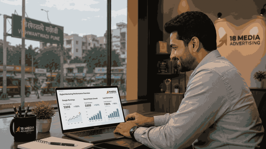 Business owner reviewing SEO rankings and lead generation reports from the best digital marketing company in Vishrantwadi Pune on a laptop in a modern office