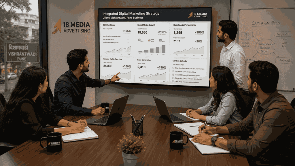 Digital marketing team reviewing SEO rankings and campaign analytics at the best digital marketing company in Vishrantwadi Pune office