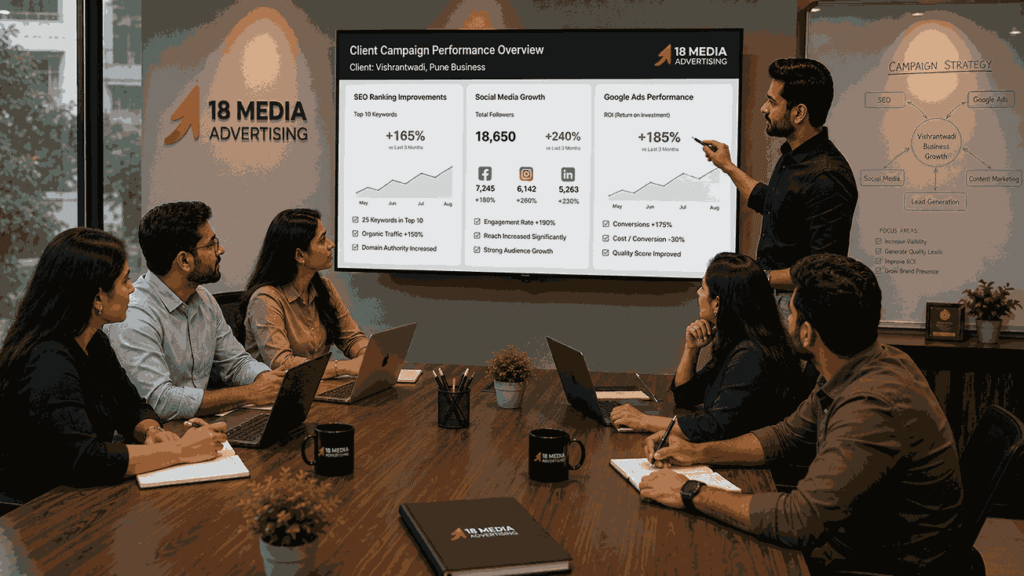 18 Media Advertising team reviewing SEO rankings, social media growth, and Google Ads metrics at the best digital marketing company in Vishrantwadi Pune