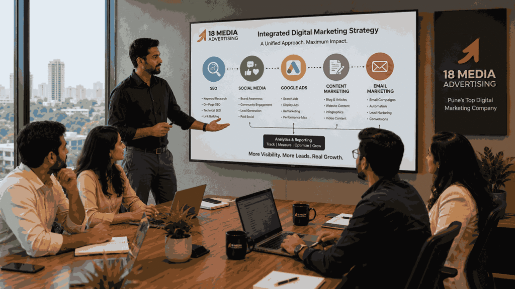 Best digital marketing company Pune presenting an integrated SEO, social media, Google Ads, content marketing, and email strategy in a modern conference room.